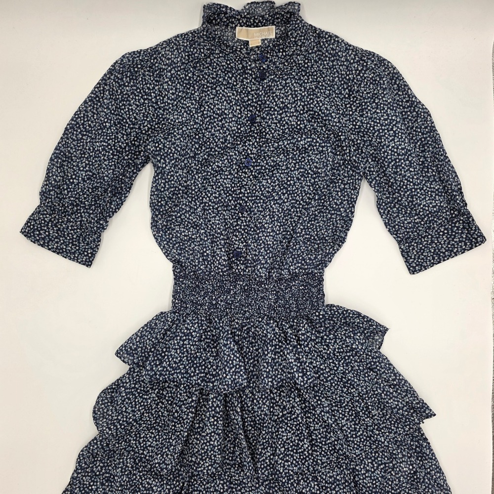 Michael Michael Kors Womens XXS Navy Floral Smocked Waist Ruffle Mini Dress